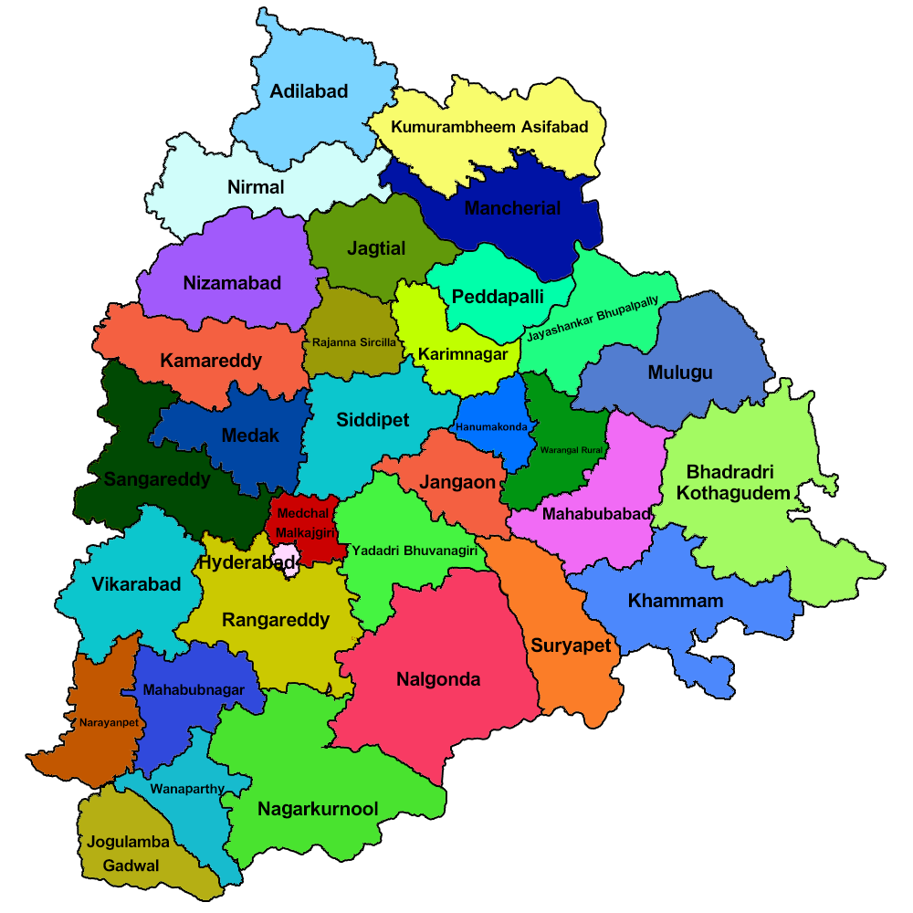 list of 33 districts of telangana map 