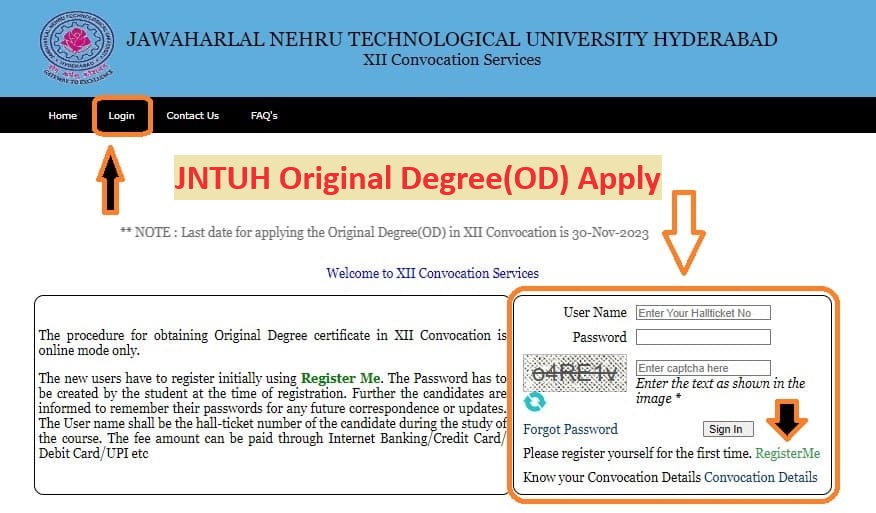 jntuh original degree application process and jntuh student registration 