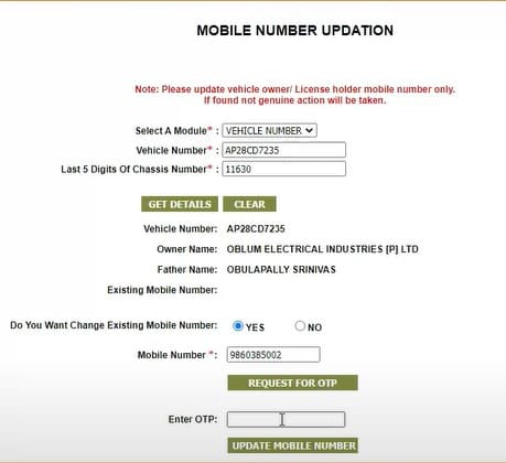 Telangana driving licence mobile number change update