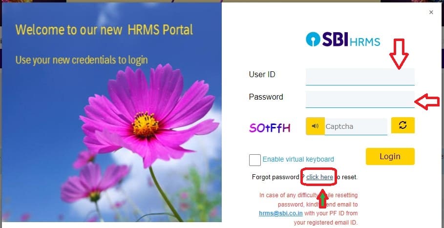 sbi hrms portal login, password reset pay slip download