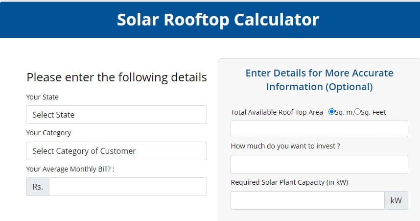 national portal for rooftop solar registration, vendor list, loan, subsidy process, fee calculator
